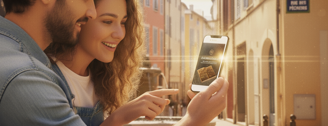 Junges Paar auf einer Bank in der Provence, das auf dem Handy eine französisch lokalisierte deutsche Schokoladenseite betrachtet.