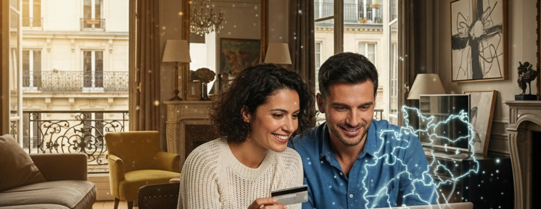 Pariser Paar, das auf einer französisch lokalisierten deutschen Reise-Website eine Reise in ein deutschsprachiges Land plant.