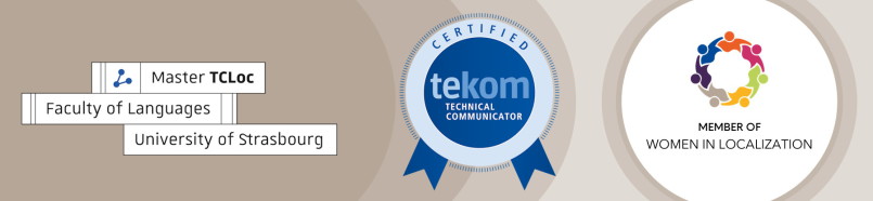 Drei Logos für Zertifizierungen: Master Straßburg, Tekom, Women in Localization-Mitgliedschaft.